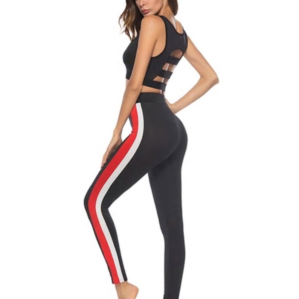 Red & White Striped Black Leggings Sz S